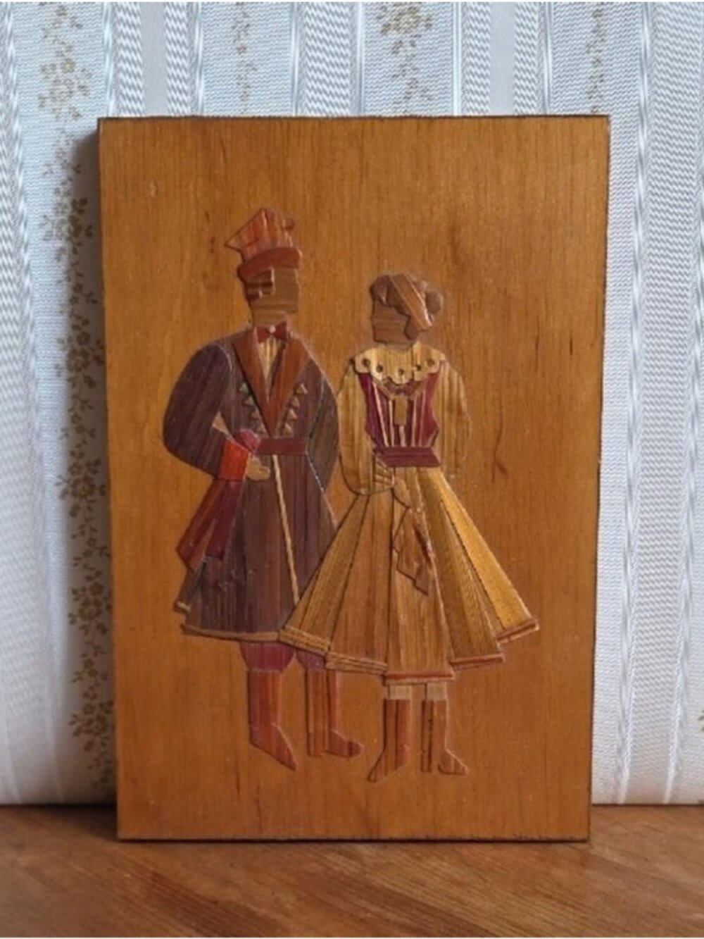 Vintage Polish Folk Art Wood Plaque Organic Straw Mosaic Picture Handmade Small
